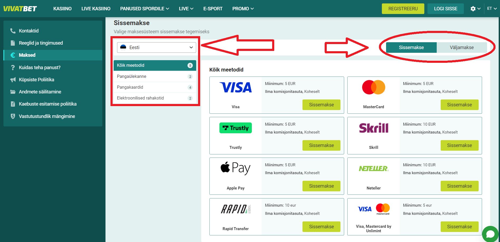 Vivabet Eesti Sisse- ja Väljamaksed